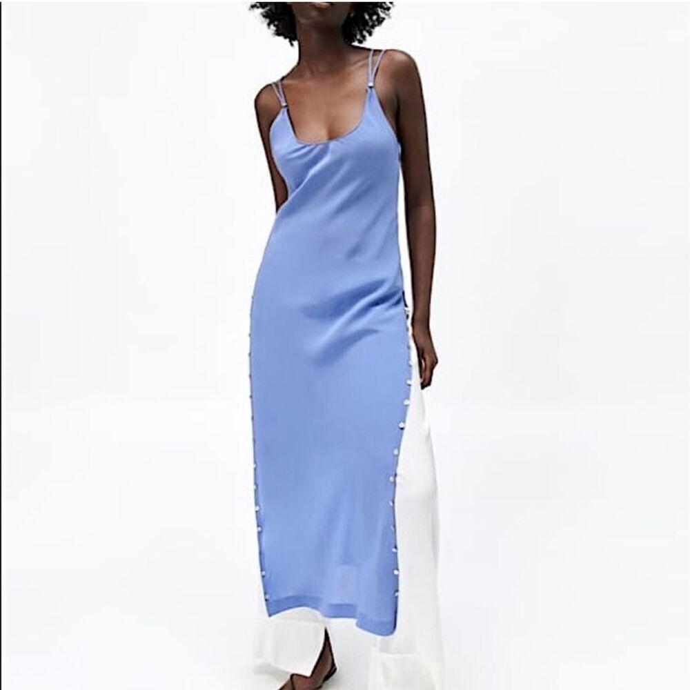 ZARA Womens Sheer Slip Side Button Slit Hem Maxi Dress Periwinkle Blue Medium